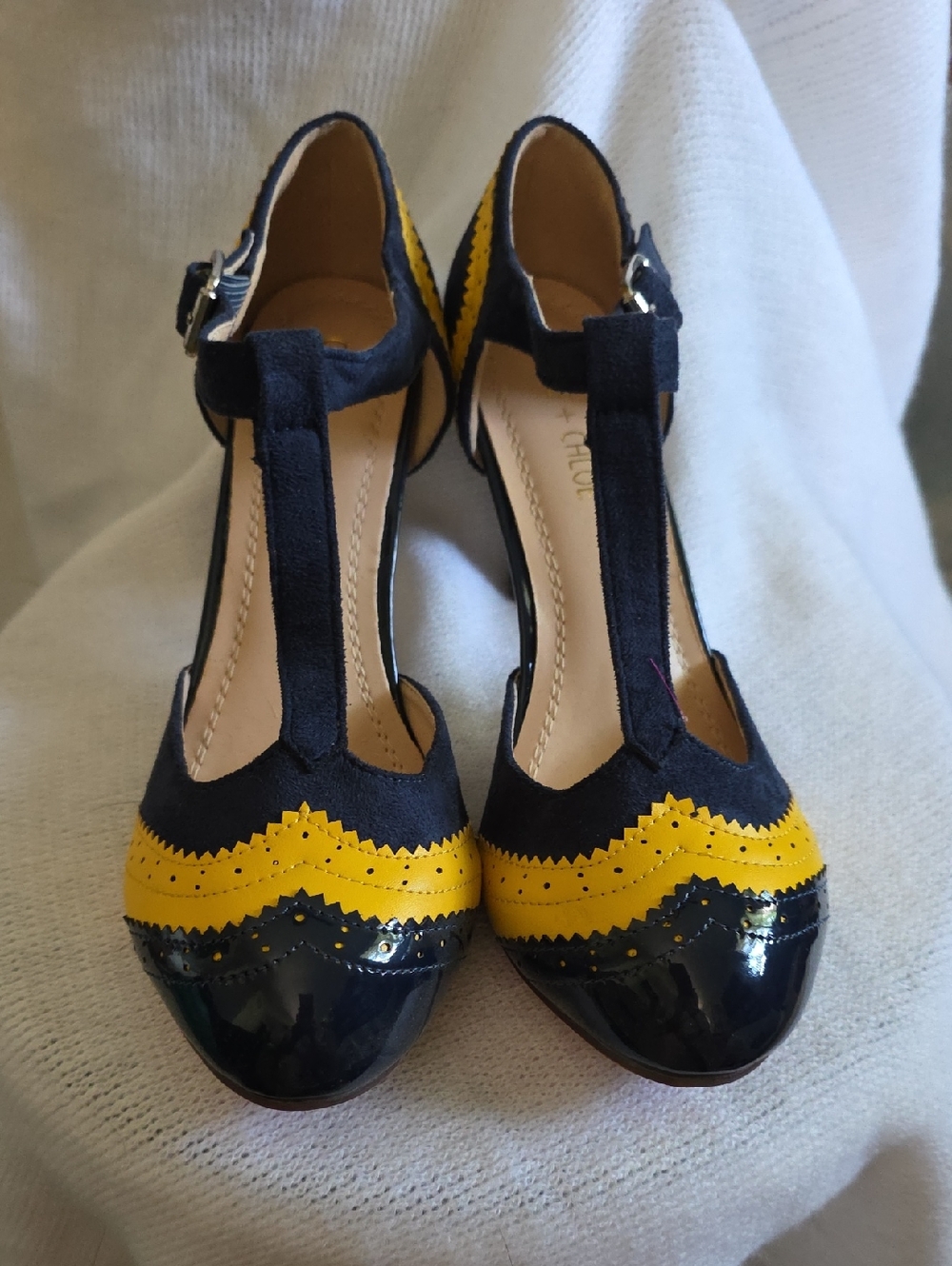 Chase + Chloe Navy and Yellow T-Strap Colorblock Heels 8.5